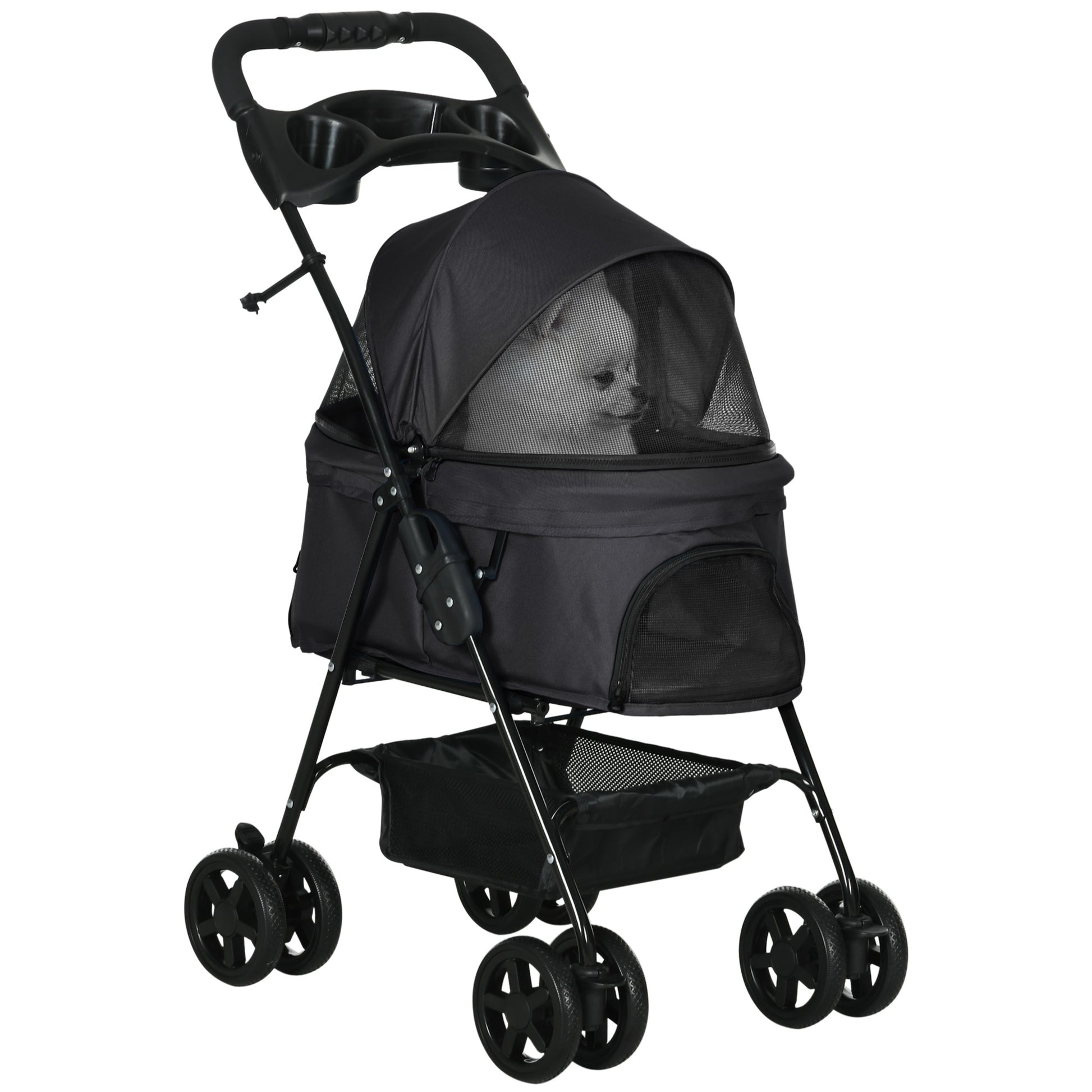 Photo of PawHut Dog Pram Dog Stroller Foldable Pet Pushchair with 4 Wheels, Safety Leashes, Cup Holder for Small Dogs, Black in Black colour on a white background