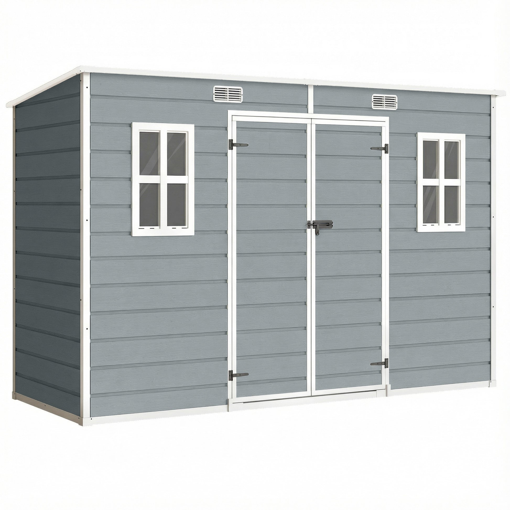 Photo of Outsunny 10 x 4 ft Resin Garden Shed, Outdoor Storage Shed with Floor, Windows, Lockable Doors and Vents, Grey in Grey colour on a white background