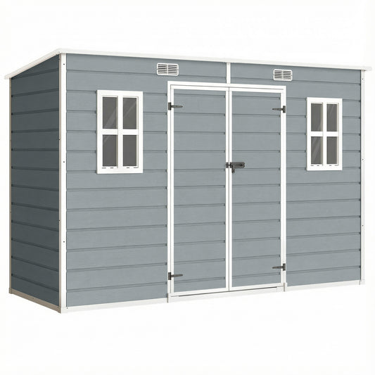 Photo of Outsunny 10 x 4 ft Resin Garden Shed, Outdoor Storage Shed with Floor, Windows, Lockable Doors and Vents, Grey in Grey colour on a white background