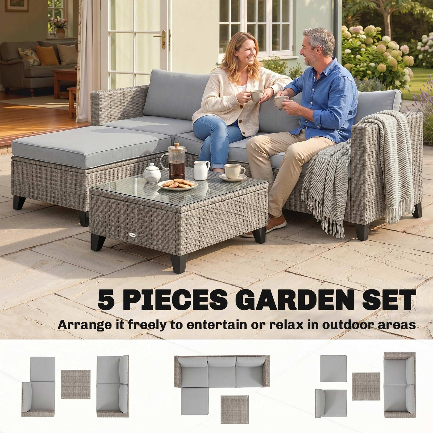 Outsunny 5-Piece Rattan Patio Furniture Set with Corner Sofa, Footstools, Coffee Table, for Poolside, Brown