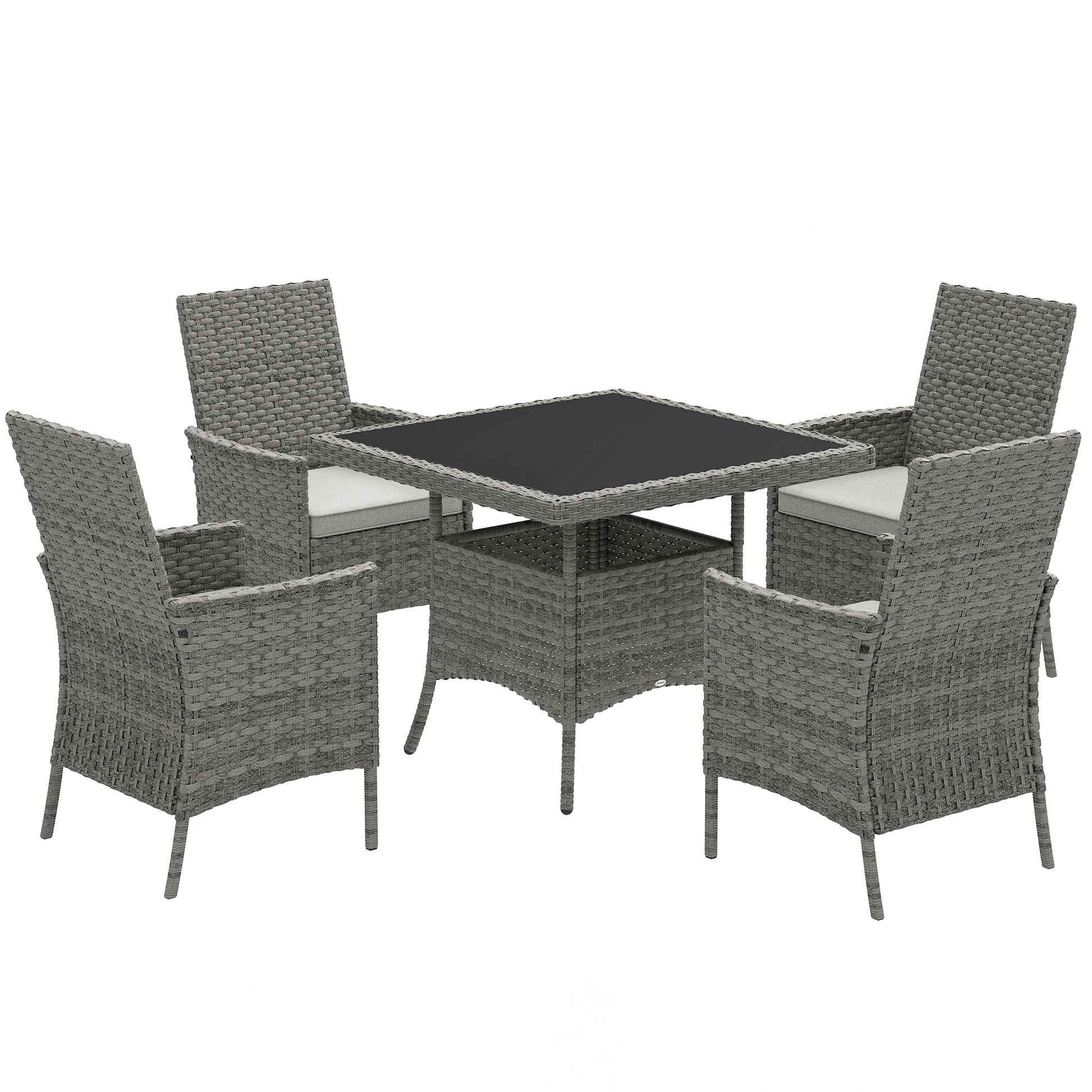 Photo of Outsunny Rattan Garden Furniture Set, Outdoor Dining Table and Chairs 4 Seater with Cushions, Square Tempered Glass Top, 4 Armchairs, for Balcony, Terrace, Conservatory, Grey in Grey colour on a white background