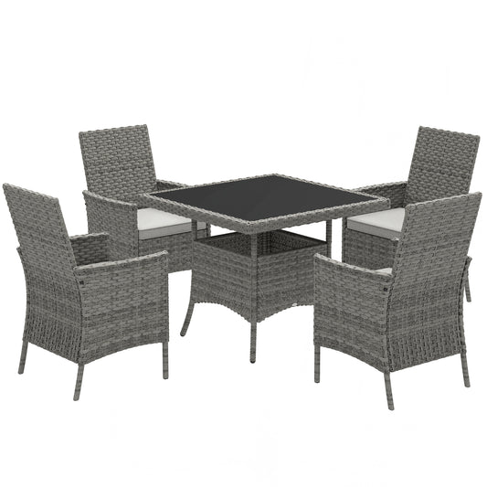 Photo of Outsunny Rattan Garden Furniture Set, Outdoor Dining Table and Chairs 4 Seater with Cushions, Square Tempered Glass Top, 4 Armchairs, for Balcony, Terrace, Conservatory, Grey in Grey colour on a white background