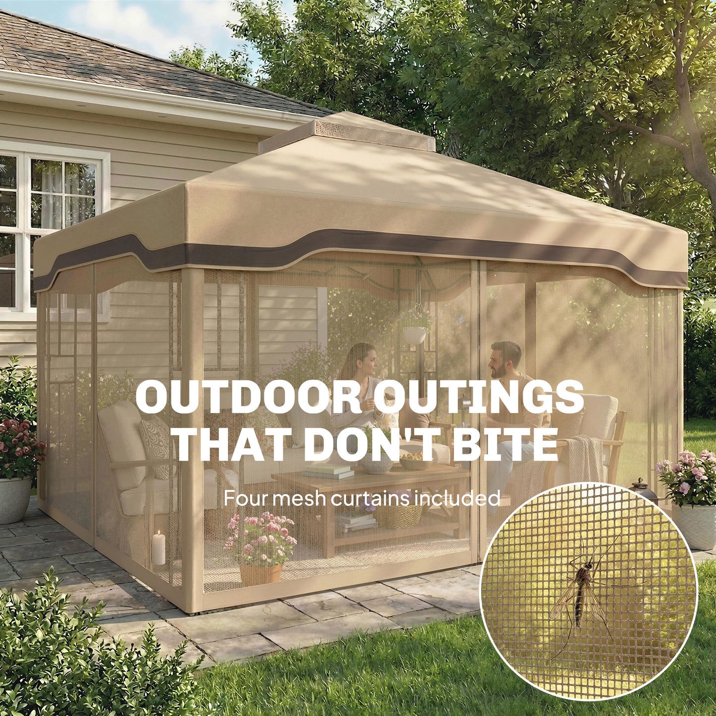 Outsunny 3 x 3.6 m Outdoor Garden Gazebo with Post Shelves, UPF50+ Patio Permanent Pavilion with Hook, Khaki