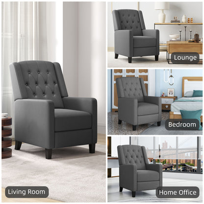 Deep gray wingback recliner chair shown in living room, lounge, bedroom, and home office