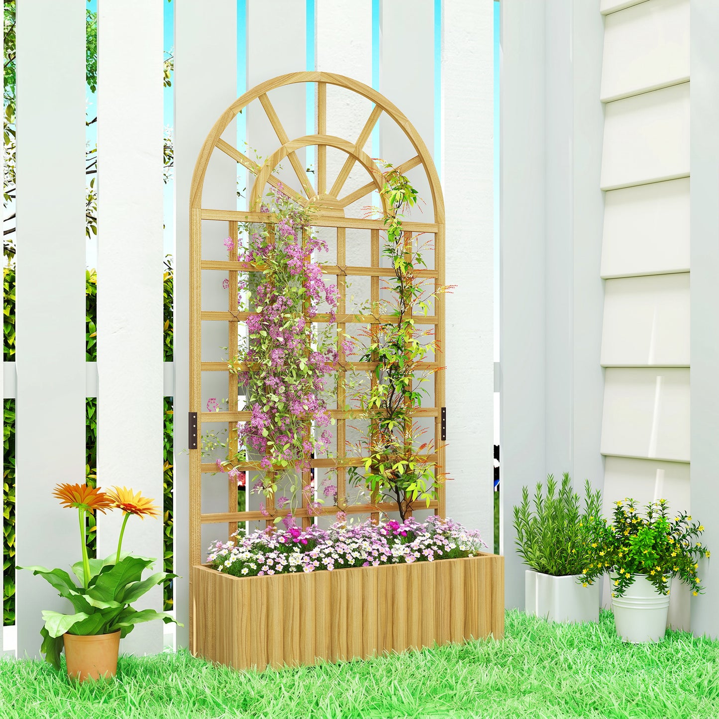 Outsunny Wooden Raised Planter with Trellis, Raised Bed for Garden with Lattice and Drainage Holes for Climbing Plants