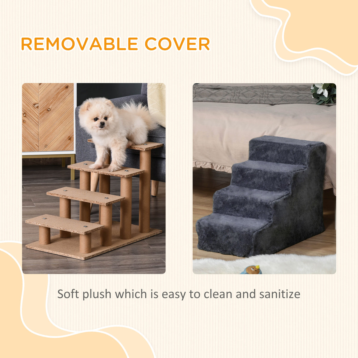 Dark gray plush pet stairs shown beside a bed; cover is removable and washable