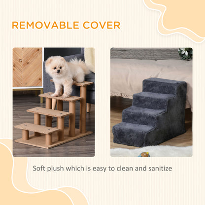 Dark gray plush pet stairs shown beside a bed; cover is removable and washable