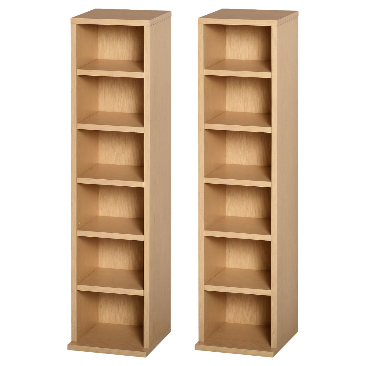HOMCOM set of two natural wood media towers, each with six open shelves
