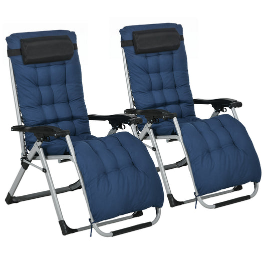 Photo of Outsunny 2pc Reclining Zero Gravity Sun Loungers ,Folding Chaise Lounge Chair with Cushions, Blue in Blue colour on a white background