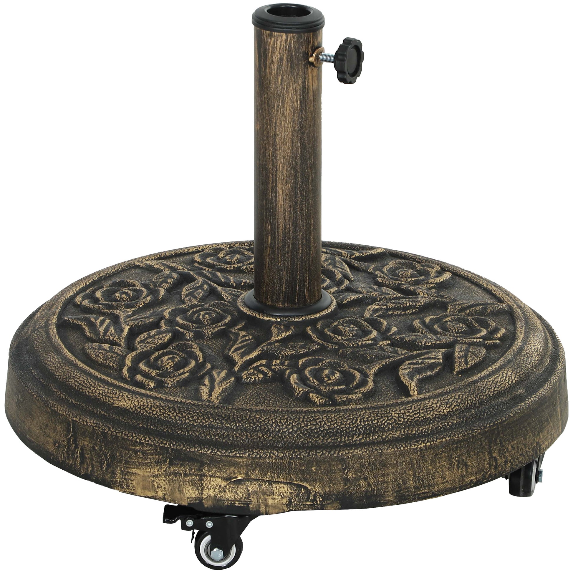 Photo of Outsunny Parasol Base, Umbrella Base with Wheels Cast Iron Effect, for Umbrella, Canopy, Weather Resistant, Bronze Tone in Tone colour on a white background