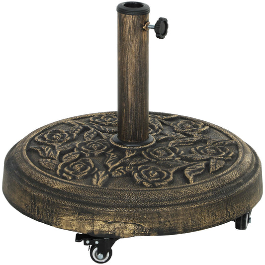 Photo of Outsunny Parasol Base, Umbrella Base with Wheels Cast Iron Effect, for Umbrella, Canopy, Weather Resistant, Bronze Tone in Tone colour on a white background