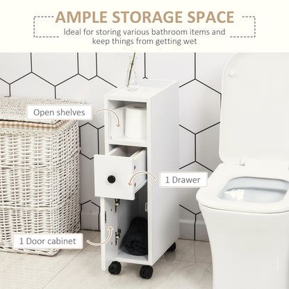 White bathroom storage cabinet with an open shelf, pull-out drawer, lower cupboard and caster wheels