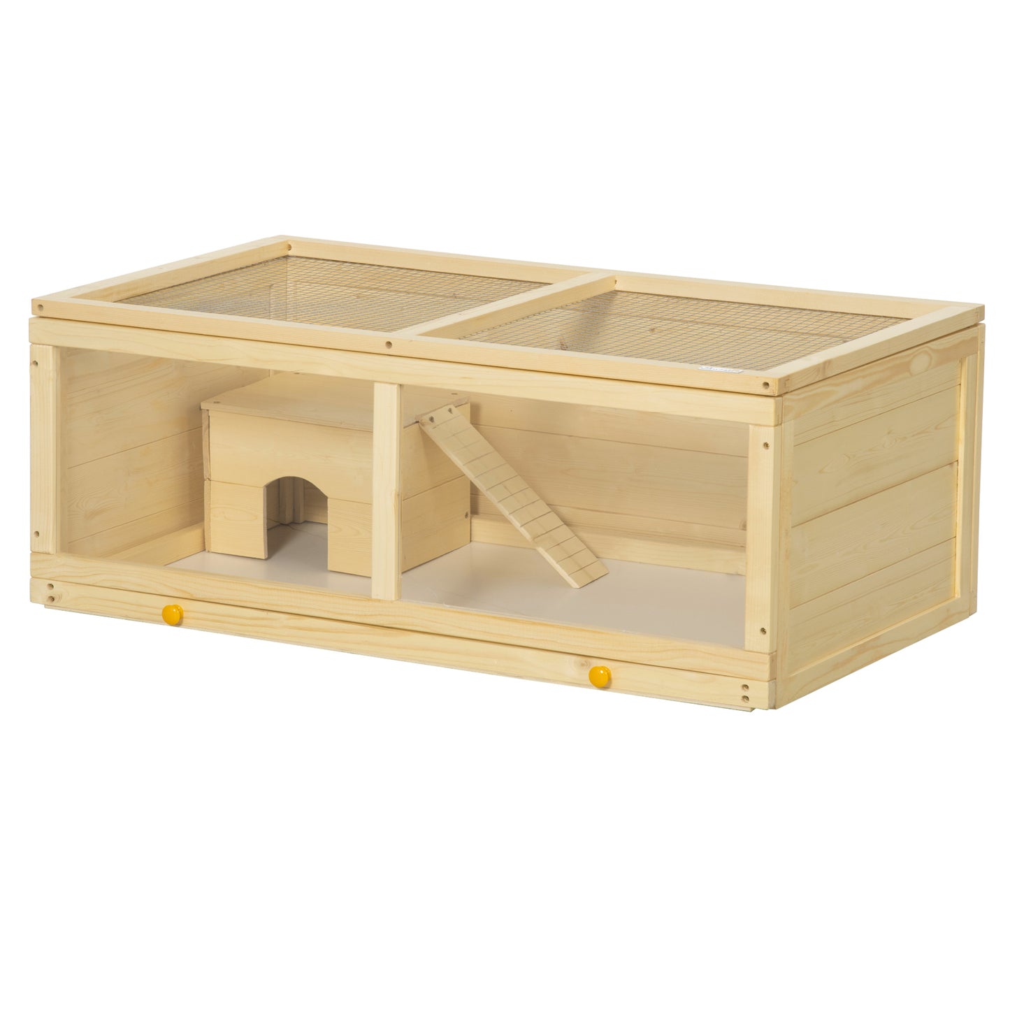Photo of PawHut Wooden Hamster Cage with Sliding Tray, Openable Top, Hut for Syrian Hamster, Natural Wood Finish in Finish colour on a white background