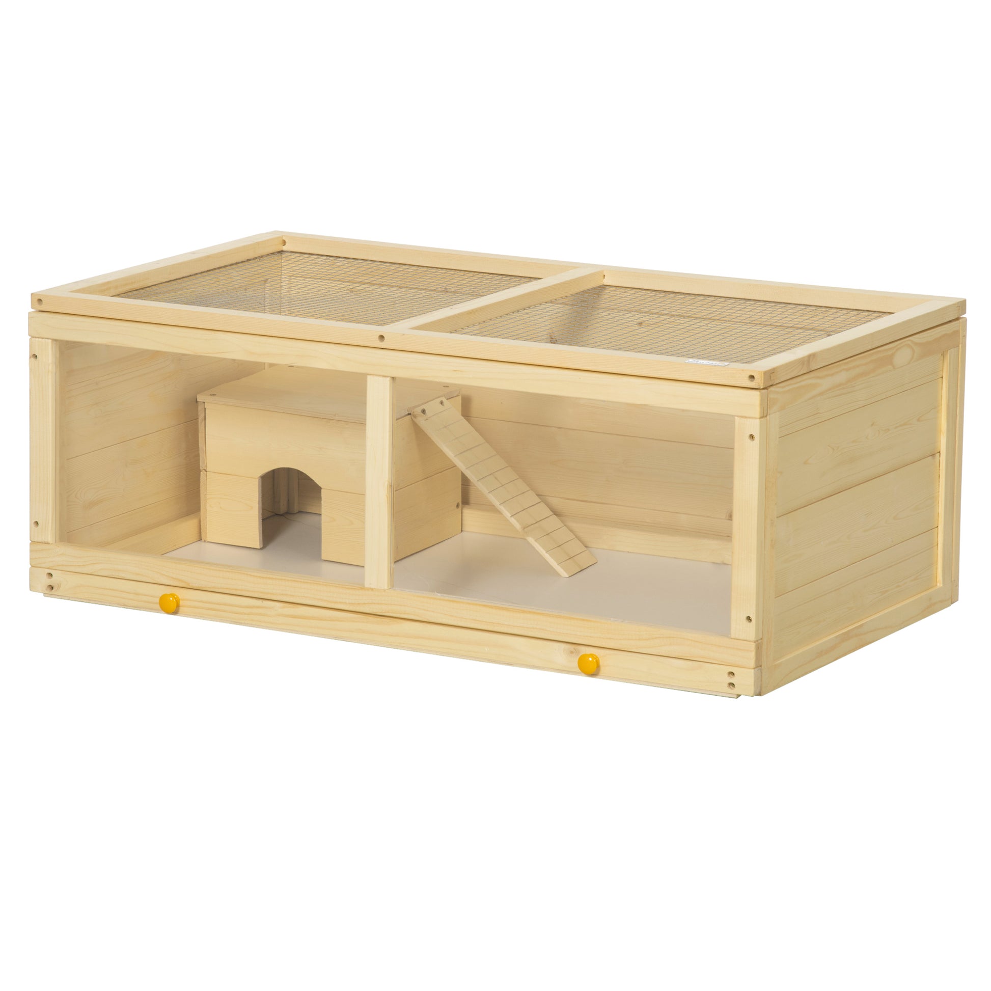 Photo of PawHut Wooden Hamster Cage with Sliding Tray, Openable Top, Hut for Syrian Hamster, Natural Wood Finish in Finish colour on a white background
