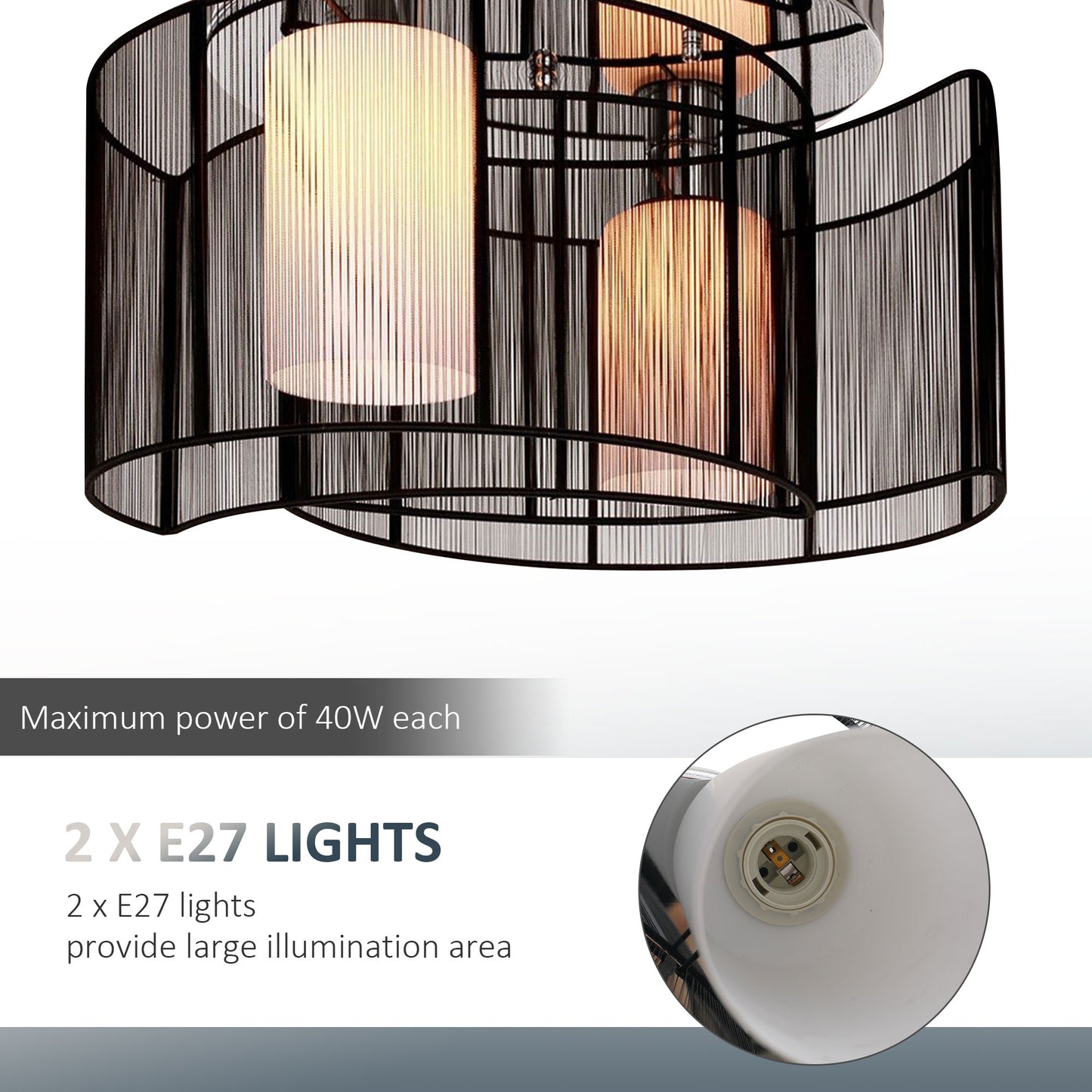 HOMCOM Modern Chandelier, Semi-Flush Mount Ceiling Light with Glass Lampshade, 2 x E27 Bulb Base for Hallway, Dining Room, Living Room, White and Black
