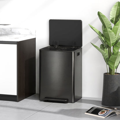 Open black stainless steel dual-compartment bin with foot pedal