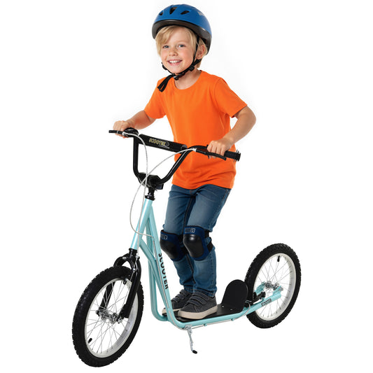 HOMCOM kids' kick scooter with turquoise frame and large rubber wheels, ridden by a child