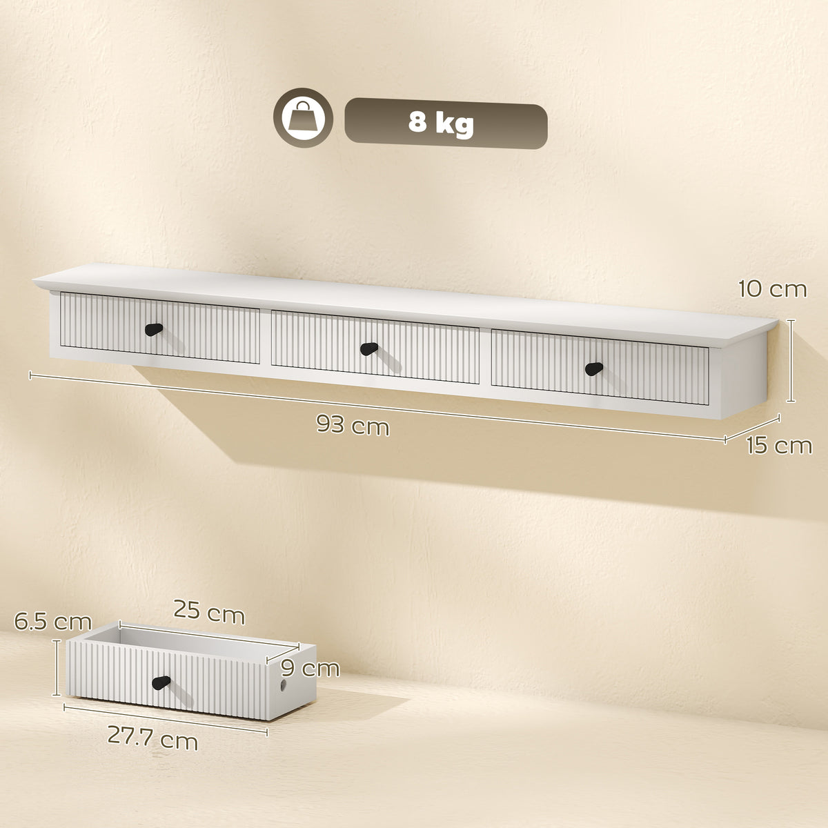HOMCOM Shelf Wall-Mounted Storage Shelf Shelving Unit MDF 93 x 15 x 10 cm Entryway Kitchen Living Room, White