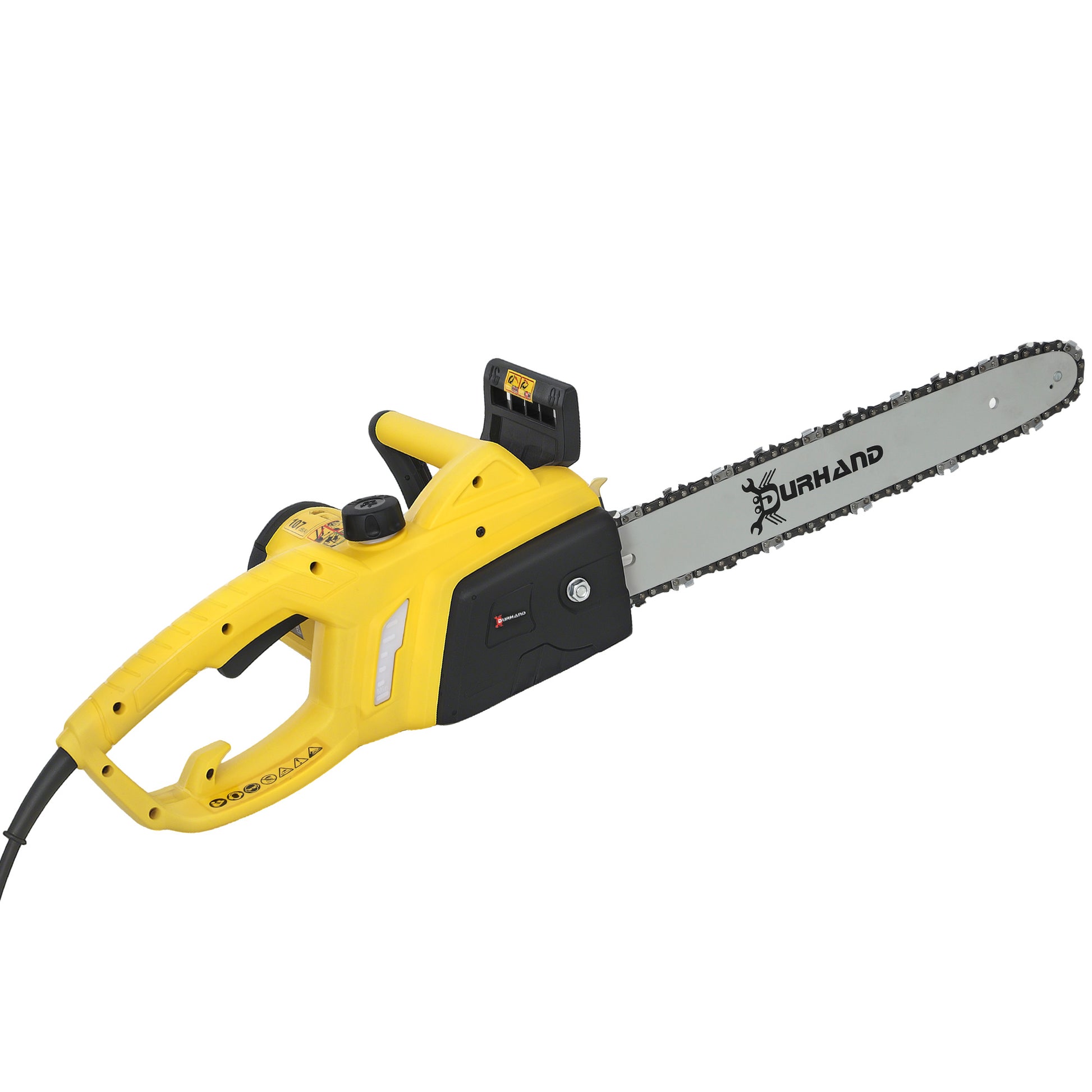 Photo of DURHAND 2000W Powerful Electric Chainsaw, 16" Aluminium Blade Portable Corded Chain Saw, 7250rpm Chain Saw for Garden Tree Pruning, 13m/s Chain Speed Auto Chain Lubrication to Cut Wood, Yellow in Yellow colour on a white background