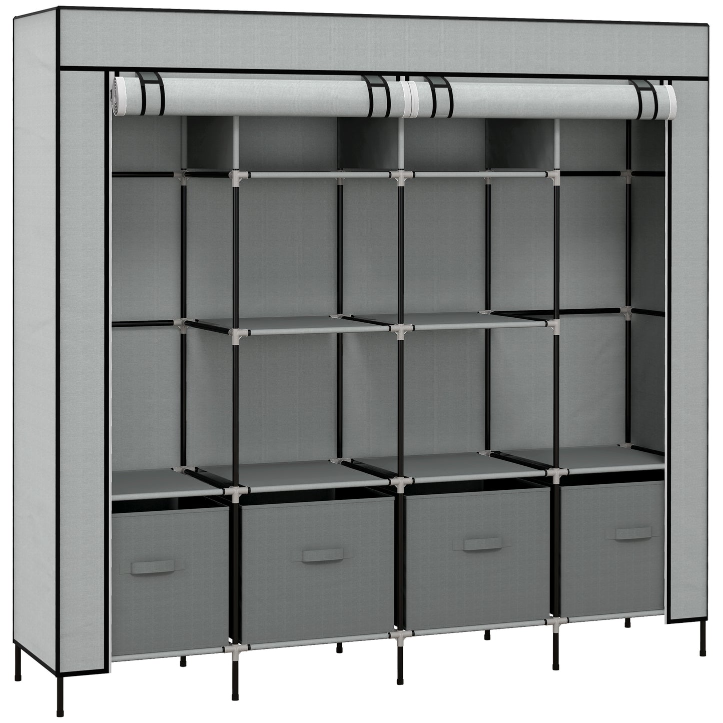 Photo of HOMCOM Fabric Wardrobe for Bedroom, Portable Cloth Wardrobe with 10 Compartments, 2 Hanging Rails and 4 Fabric Drawers, 166 x 42.5 x 169.5cm, Dark Grey in Grey colour on a white background