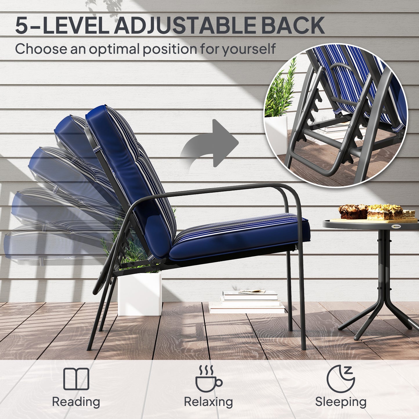 Outsunny Three-Piece Reclining Chair Set - Blue