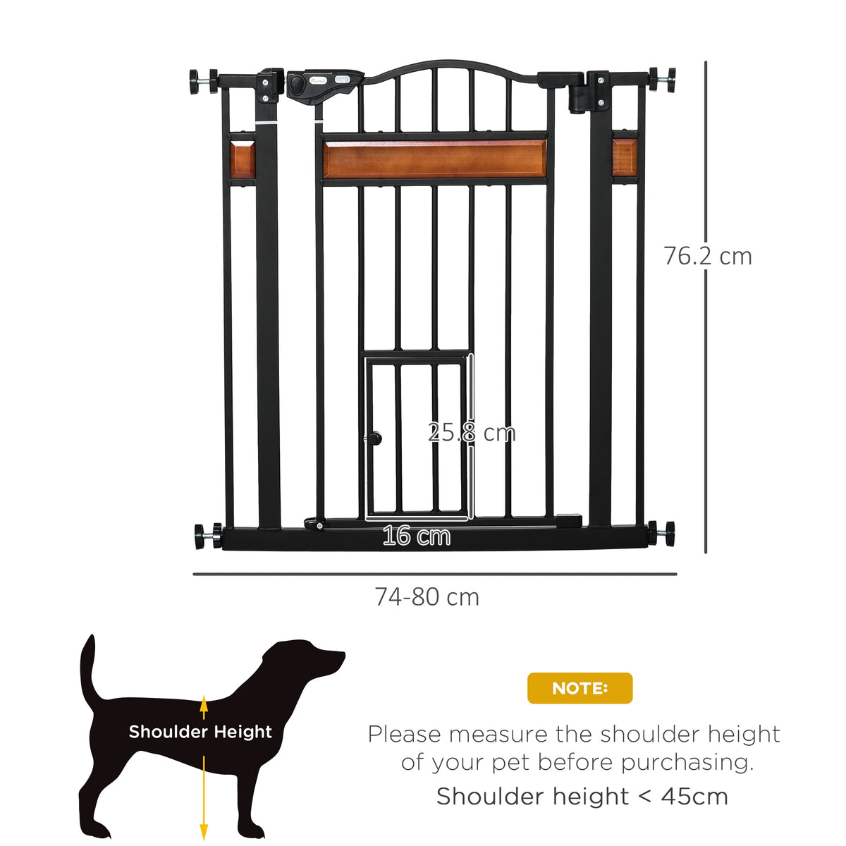 Black pet gate with cat door, shown with dimensions and a 76.2 cm height