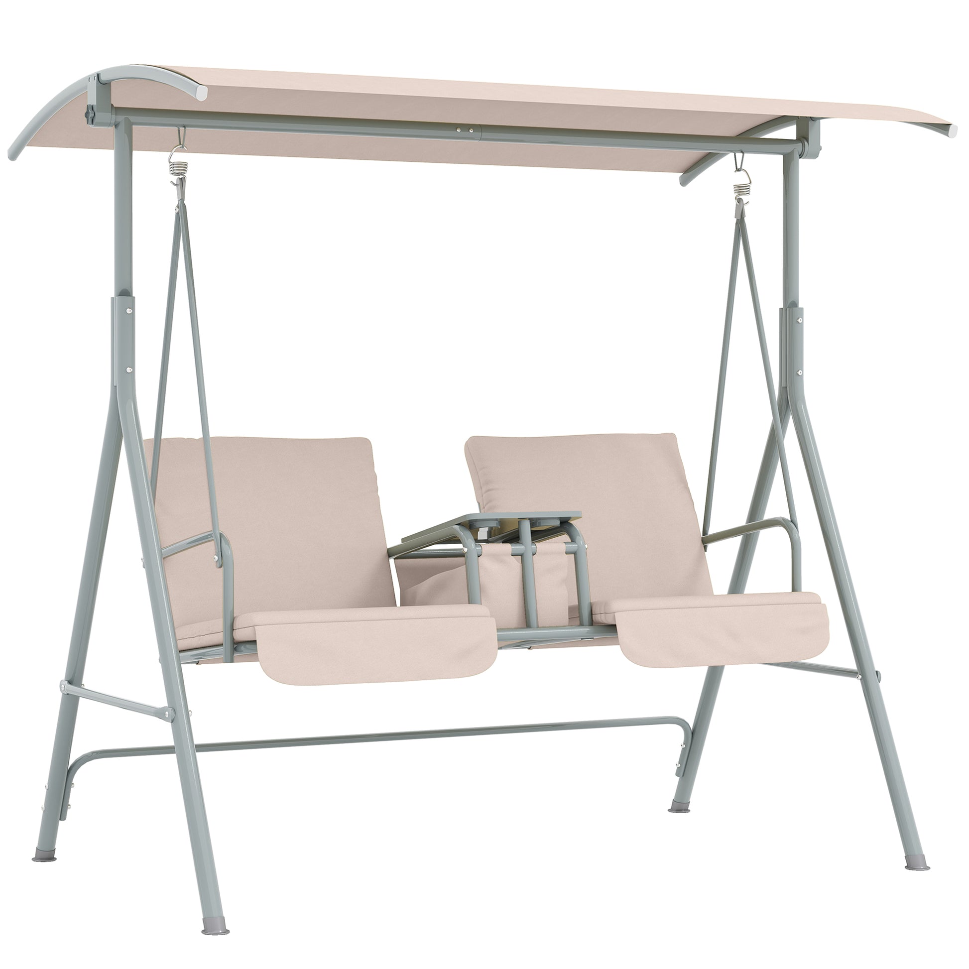 Photo of Outsunny 2 Seater Garden Swing Chair Patio Rocking Bench w/ Tilting Canopy, Double Padded Seats, Storage Bag and Tray, Beige in Beige colour on a white background