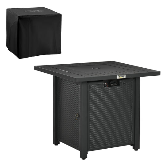 Photo of Outsunny Rattan-style Propane Gas Fire Pit Table with 40,000 BTU Burner, Square Smokeless Firepit Patio Heater with Thermocouple, Lava Rocks, Waterproof Cover, Spark Guard and Lid, Black in Black colour on a white background