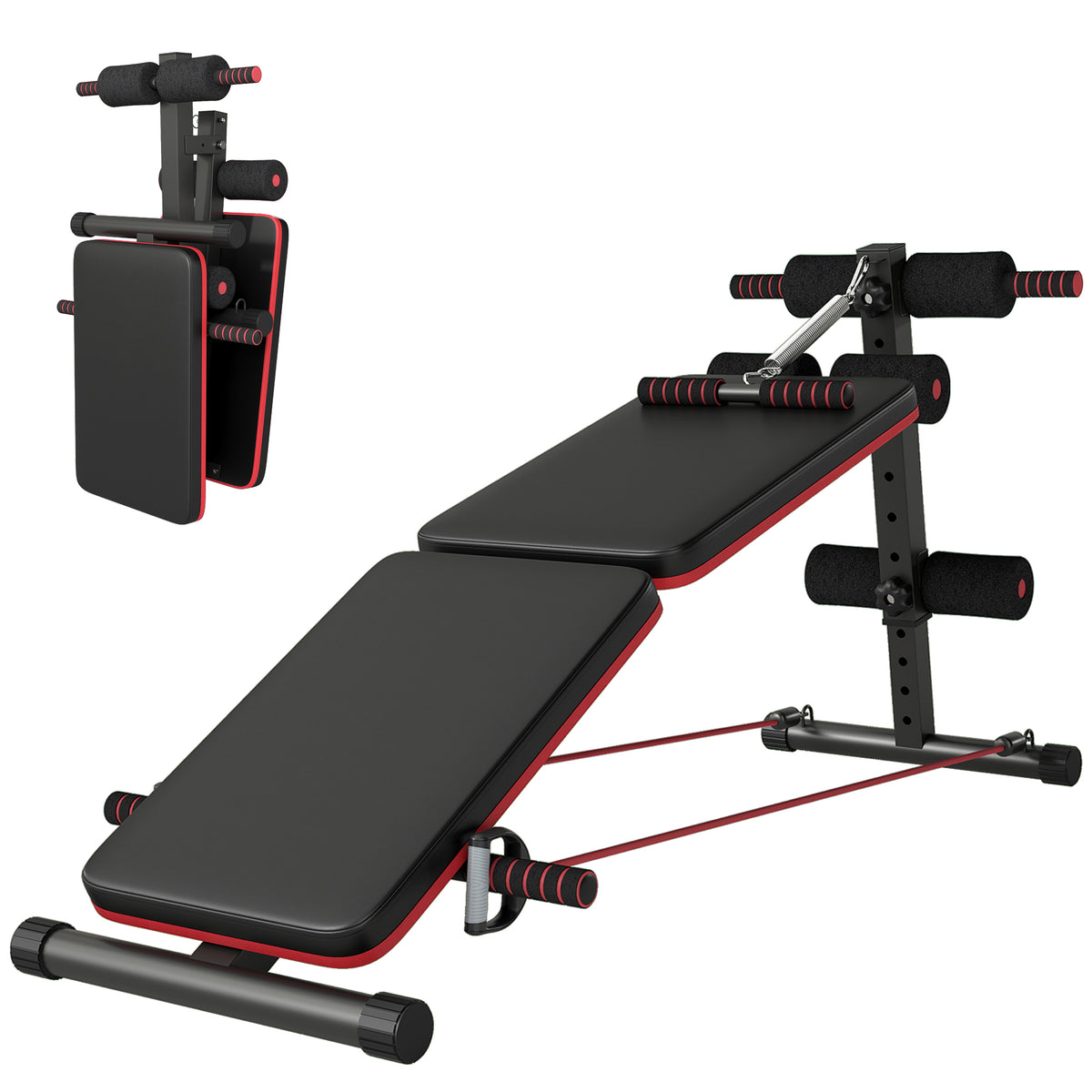 HOMCOM foldable sit-up bench with padded supports, resistance bands and spring tensioner