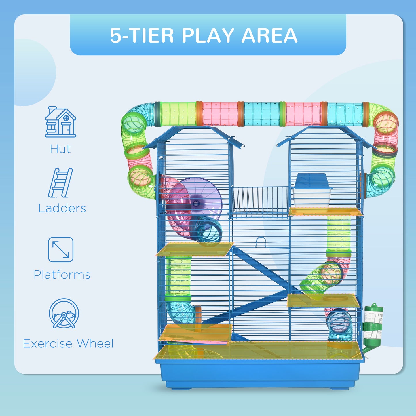 PawHut Hamster Cage, 5 Tier Carrier Habitat with Exercise Wheels Tunnel Tube Water Bottle Dishes House Ladder, Gerbil Cage for Dwarf Mice, Blue