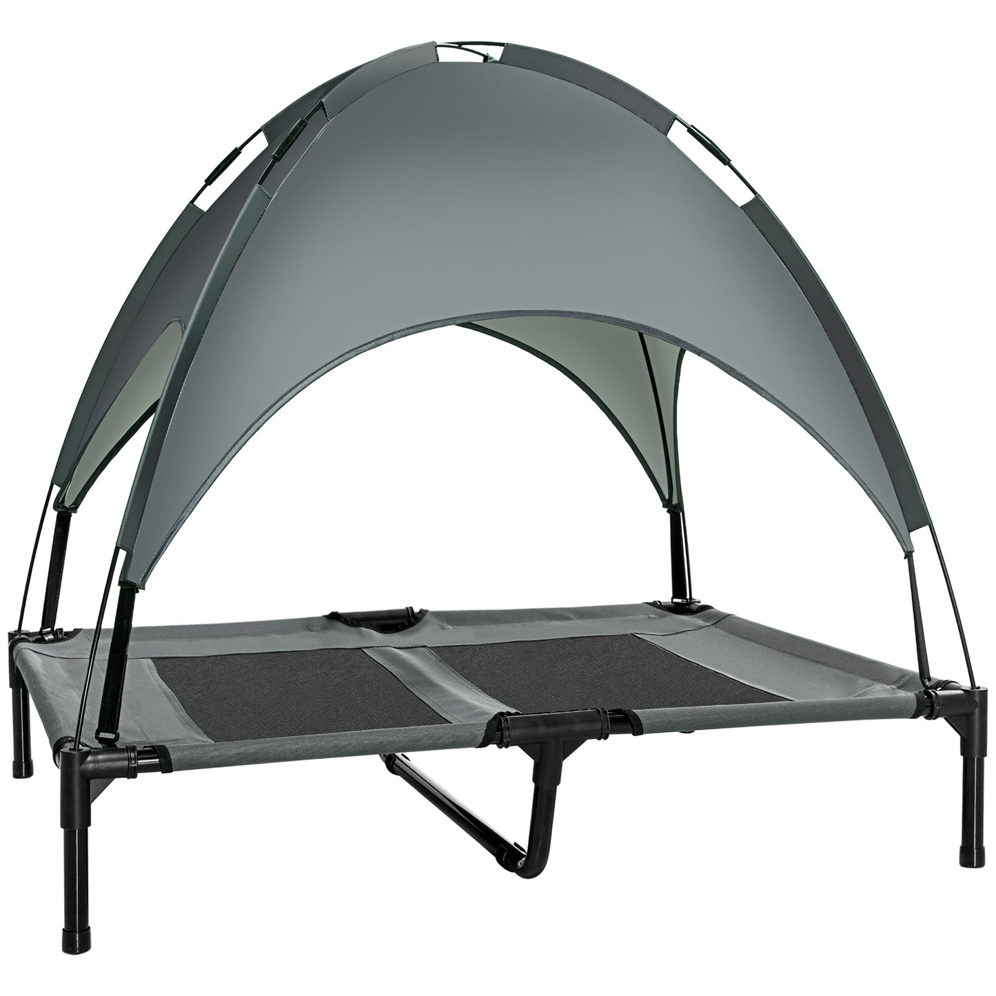 Photo of PawHut Outdoor Dog Bed with Removable Canopy, Portable Raised Dog Bed for Camping, Garden & Beach, Water-Resistant UV-Protection Mesh Pet Cot Sun Lounger, for Large Pets, 92 x 76 x 90 cm, Grey in Grey colour on a white background