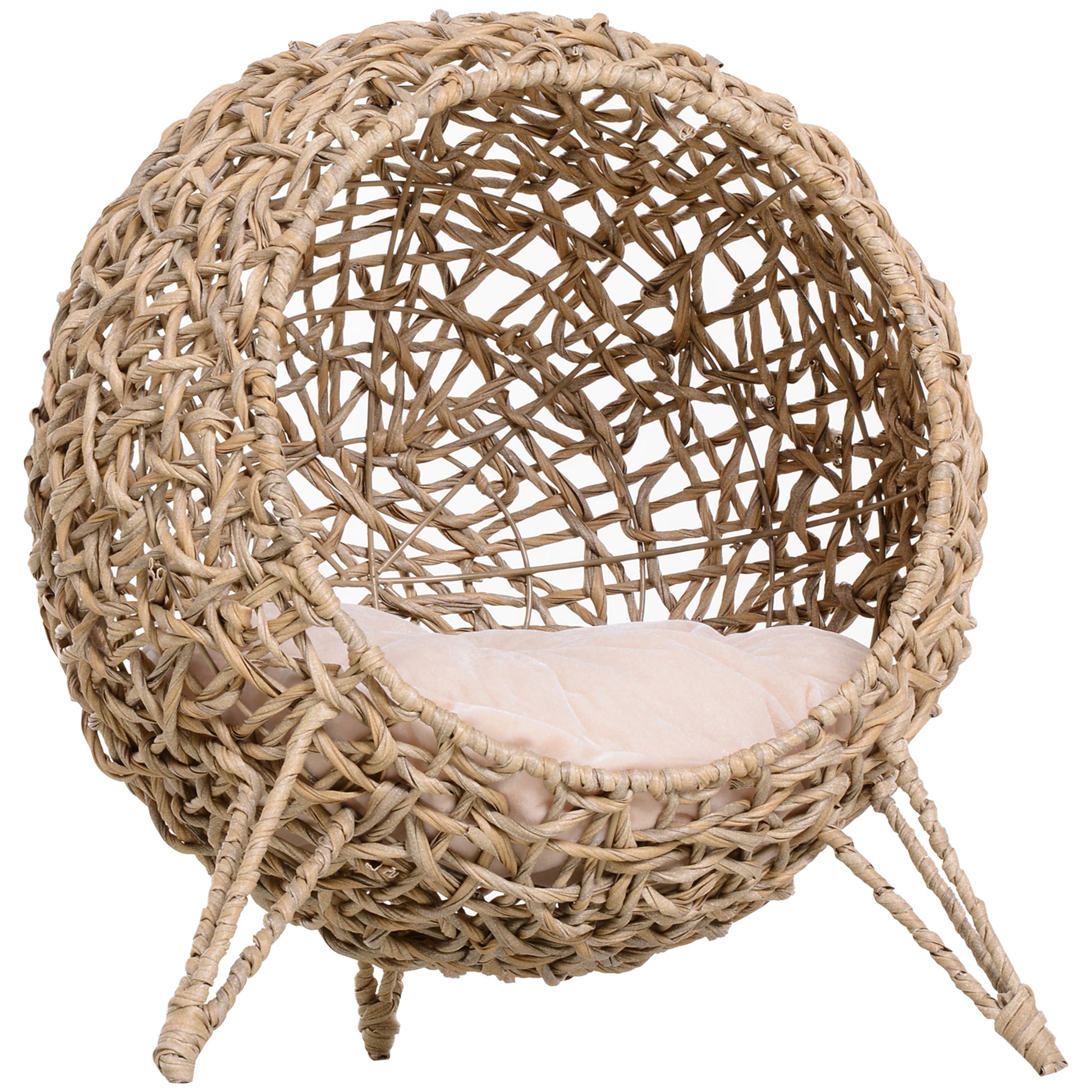 Photo of PawHut Wicker Cat Bed, Ball-Shaped Rattan Elevated Cat Basket with Three Tripod Legs, Cushion - Natural Wood Finish in Finish colour on a white background