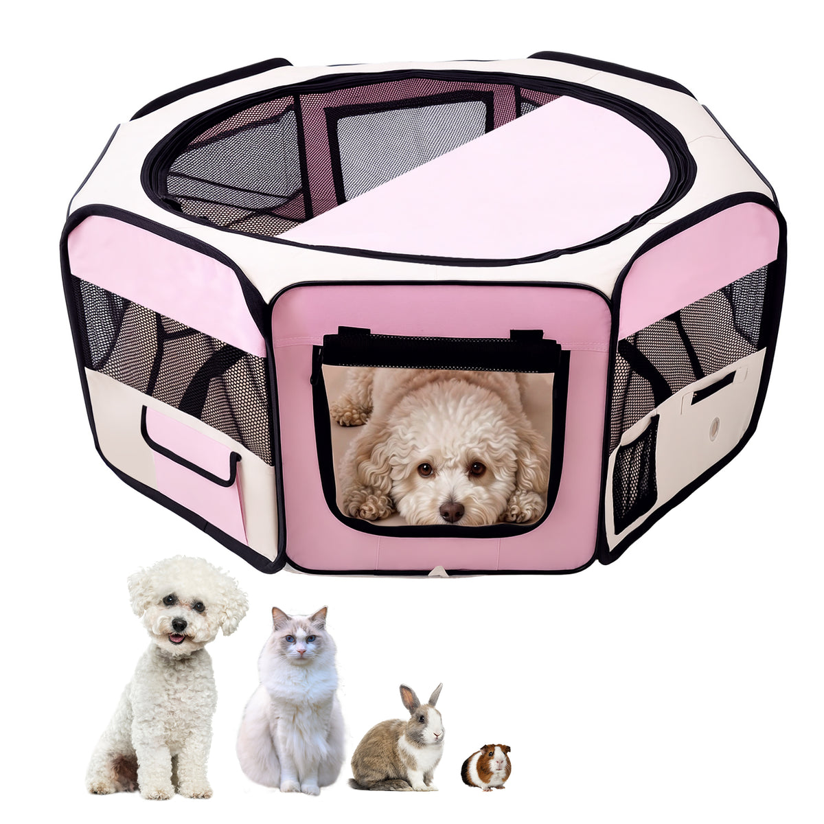 PawHut pink foldable pet playpen with mesh panels, zippered door and removable top cover