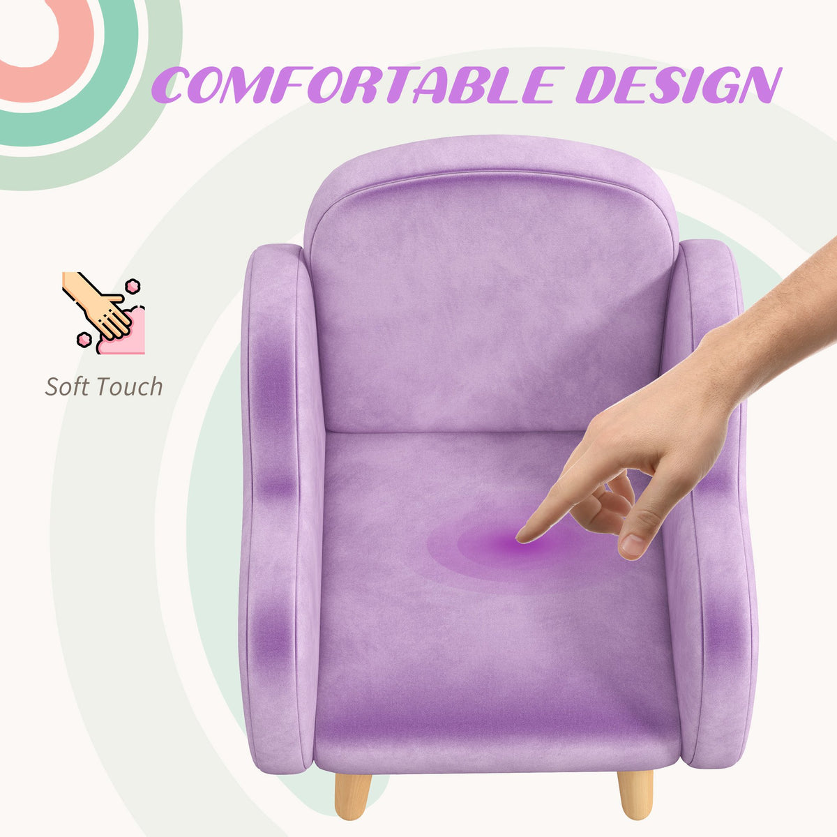Front view of purple velvet toddler armchair with padded seat and backrest