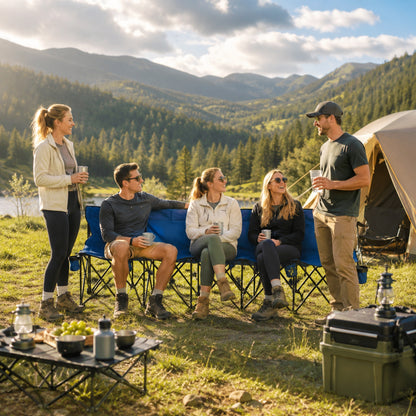 Blue six-seat folding camping chair with several people seated along its bench