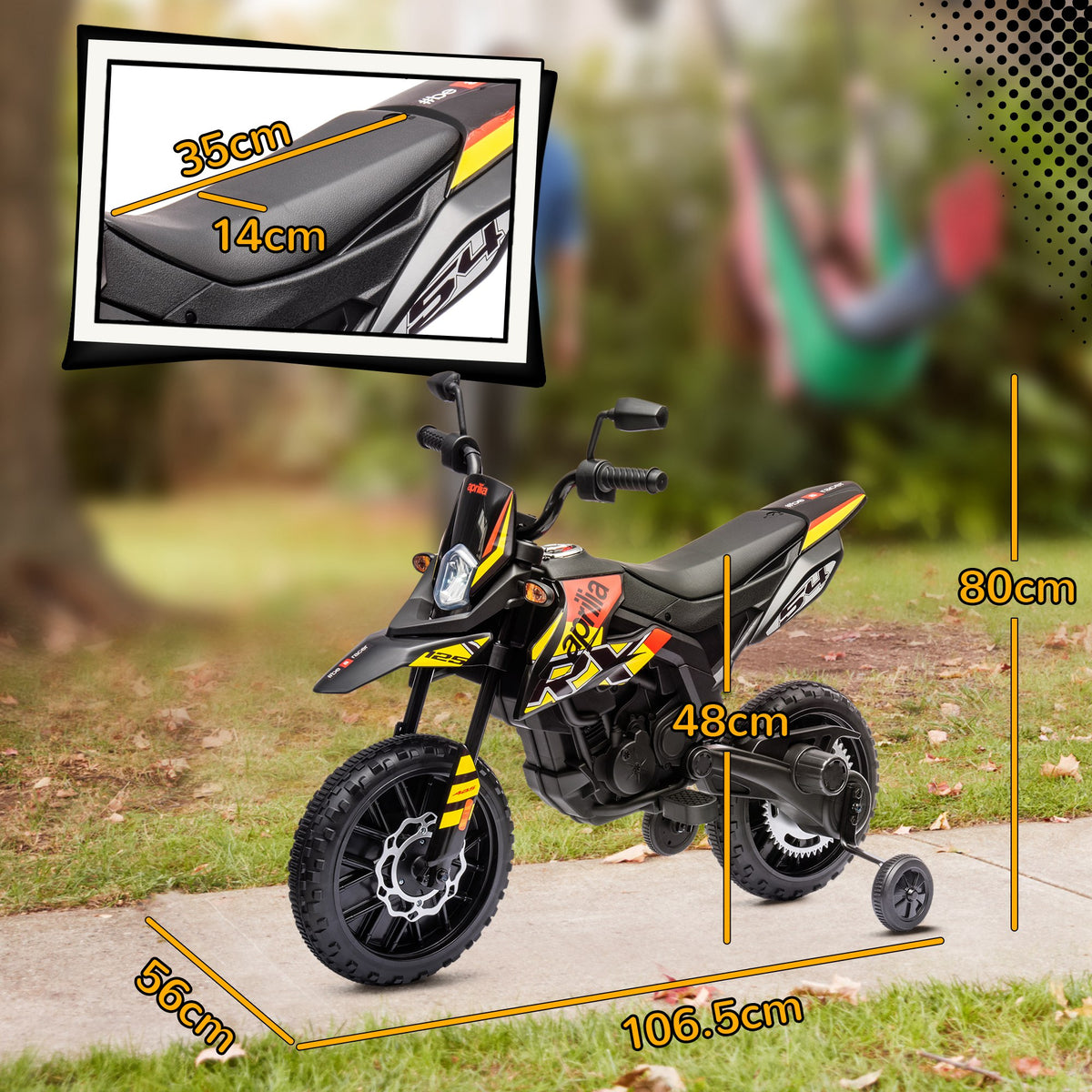 AIYAPLAY Aprilia kids' electric motorbike with seat and overall dimensions shown