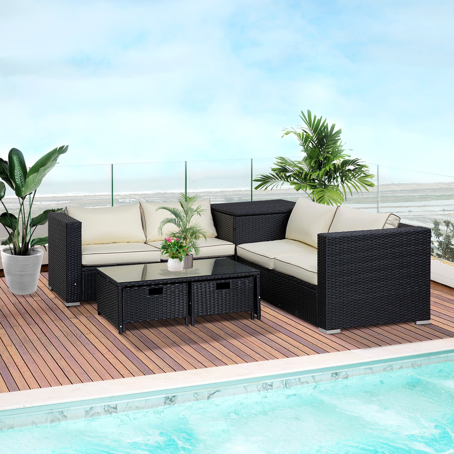 Outsunny 4 Seater Rattan Garden Furniture Set with Storage Box, 2 Drawers Coffee Table, Black
