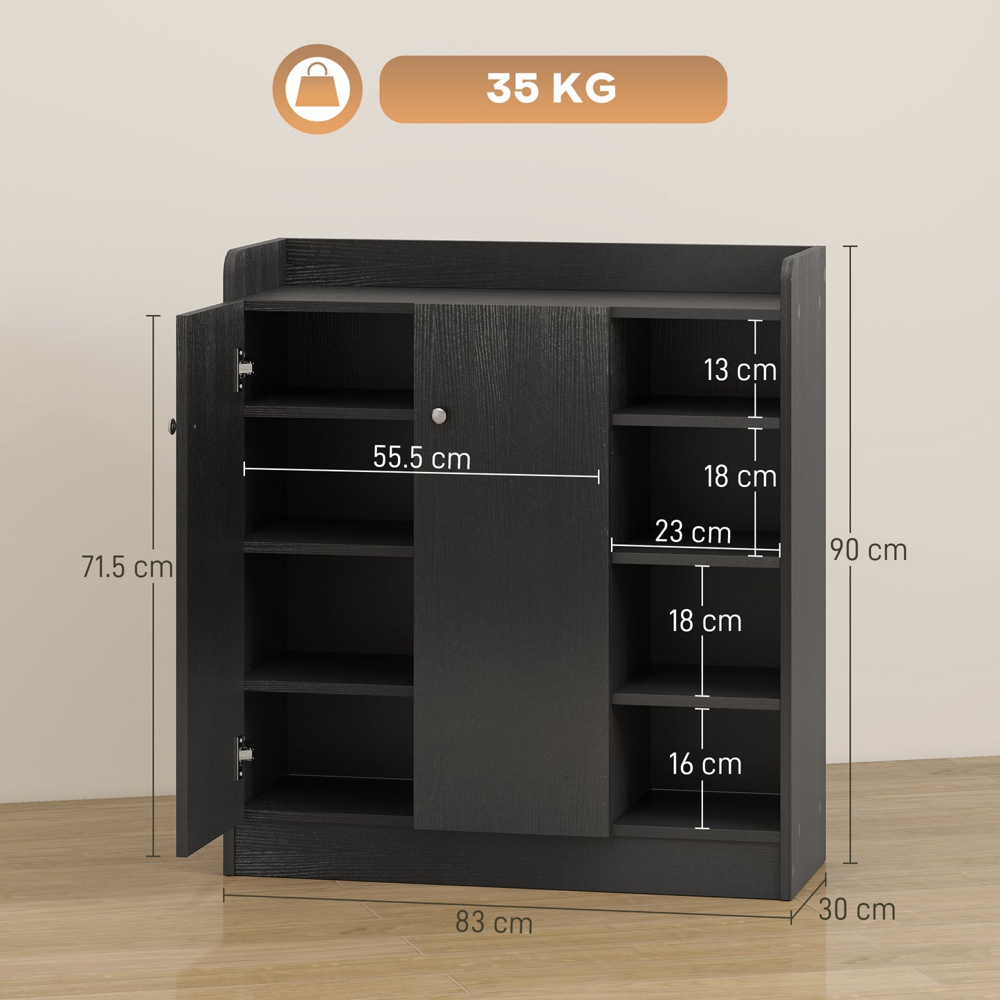 HOMCOM Shoe Storage Cabinet with Adjustable Shelves - Black