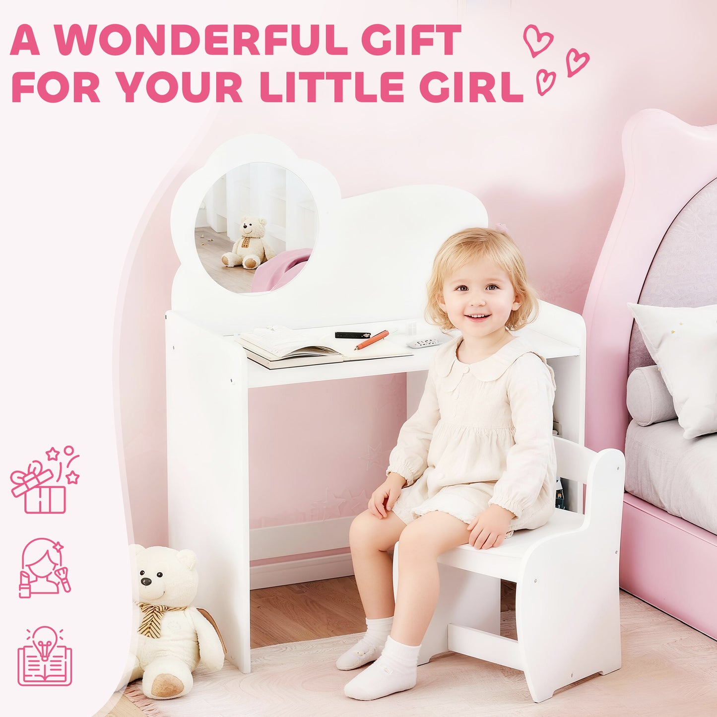 AIYAPLAY Kids Dressing Table with Mirror, Stool, Kids Vanity Table with Shelves, for Ages 3-8 Years, White