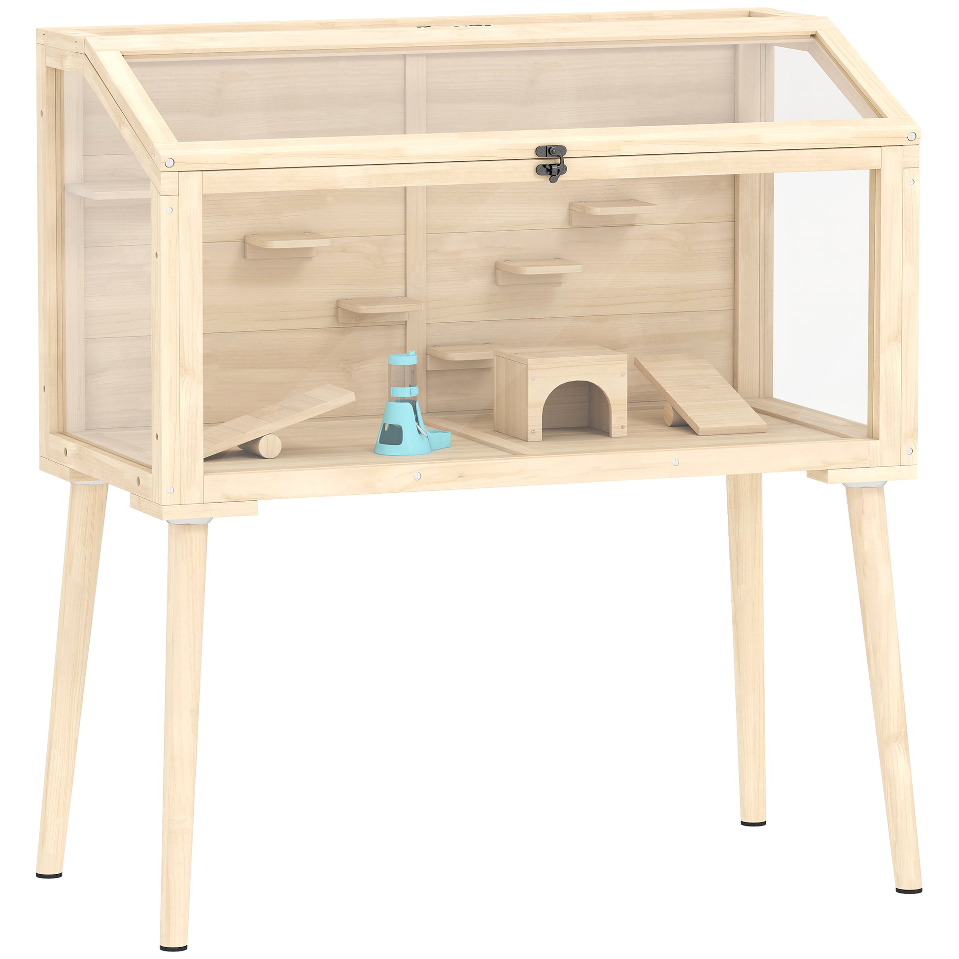Photo of PawHut Wooden Hamster Cage, Hamster Habitat with Openable Top, Seesaws, Platforms, Water Bottle for Gerbils, 110 x 52 x 101 cm in cm colour on a white background