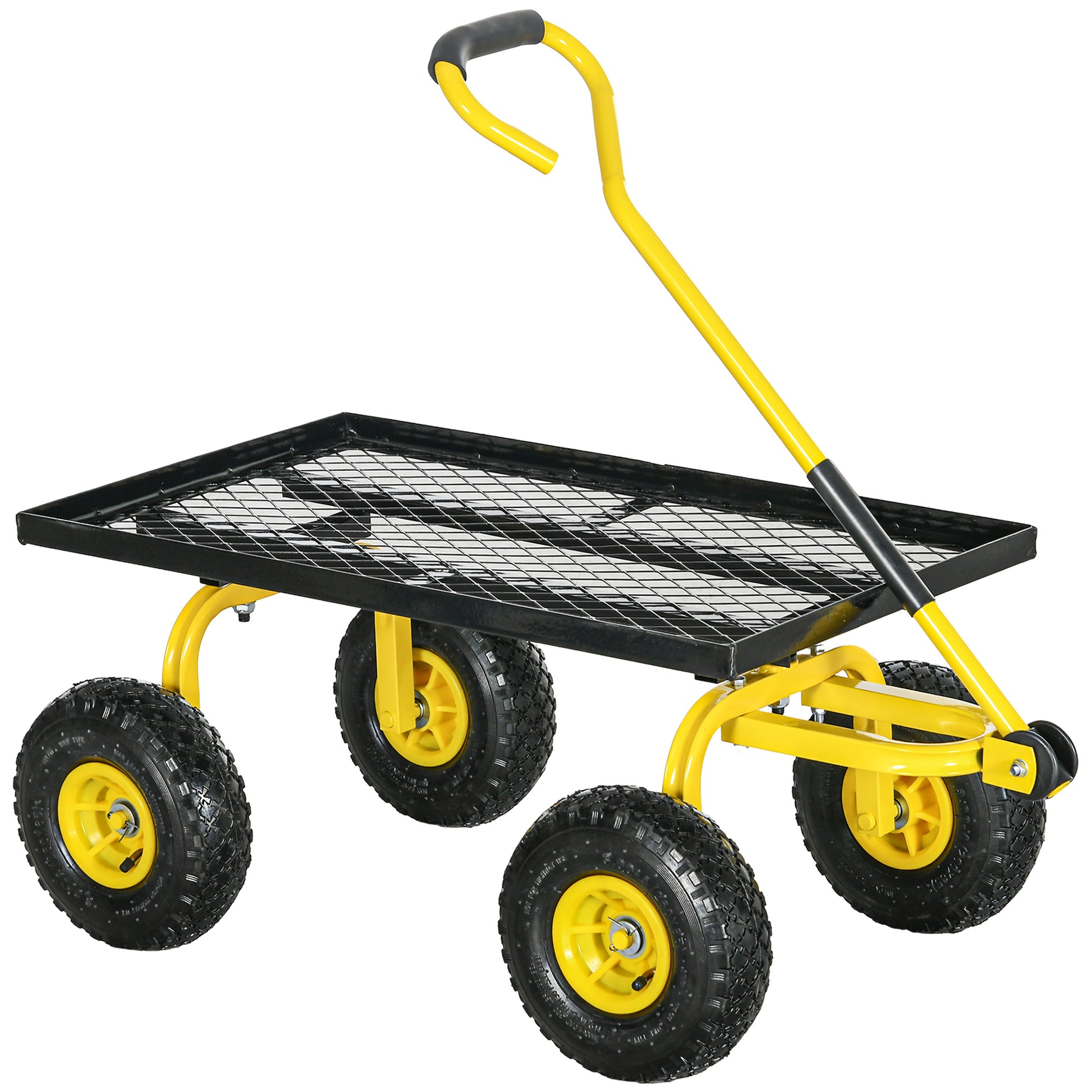 Photo of Outsunny Garden Trolley Cart, Heavy Duty Garden Cart with Metal Frame, 10" Pneumatic Wheels, Rotating Handle, 150kg Capacity, for Garden, Farm, Yellow in Yellow colour on a white background