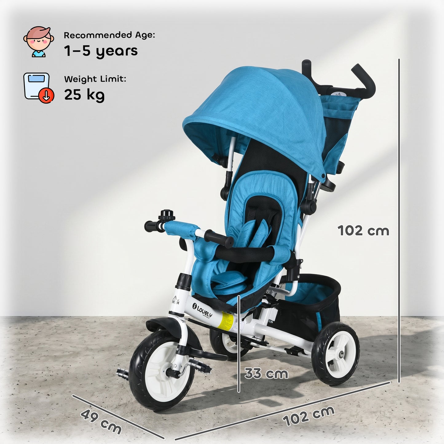 HOMCOM 6 in 1 Kids Trike with Parent Handle, Canopy, 5-point Seat Belt, Storage, Footrest, Brake, for 1-5 Years, Blue