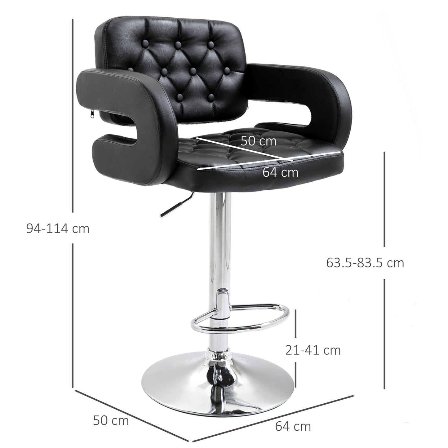 Set of 2 PU Leather Upholstered Swivel Bar Stool, Height Adjustable Barstool with Back, Armrest, Footrest for Kitchen