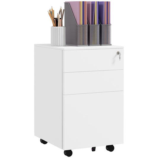 Photo of Vinsetto 3-Drawer Vertical Filing Cabinet with Pencil Tray, Lock and 5 Wheels, Steel Mobile File Cabinet, for A4, Legal and Letter Size, Pre-Assembled Body, White in White colour on a white background