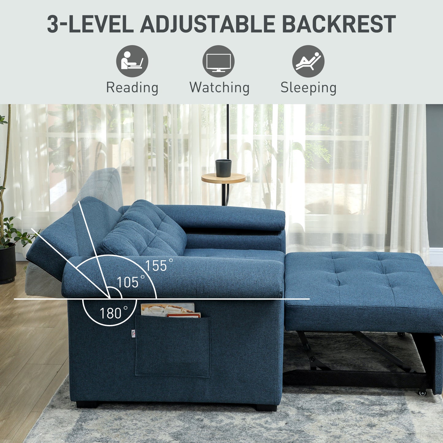 HOMCOM Pull Out Sofa Bed, Fabric 2 Seater Click Clack Sofa Bed Settee with 2 Pocket Springs, Convertible Sofa Couch with Pillows and Side Pockets for Living Room, Home Office, Blue