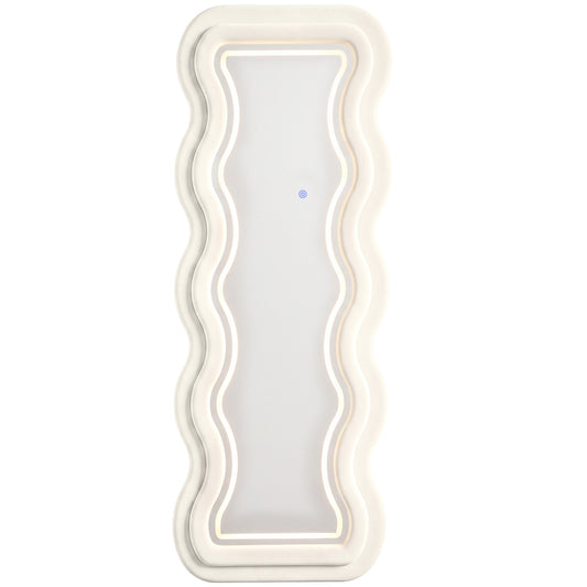 Photo of HOMCOM Full Length Mirror, 160 x 60 cm Wavy Full Body Wall Standing Mirror with Velvet Frame and LED Light Strip, Cream White in White colour on a white background