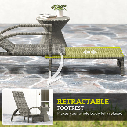 Grey rattan lounger with footrest extended to show its sliding design