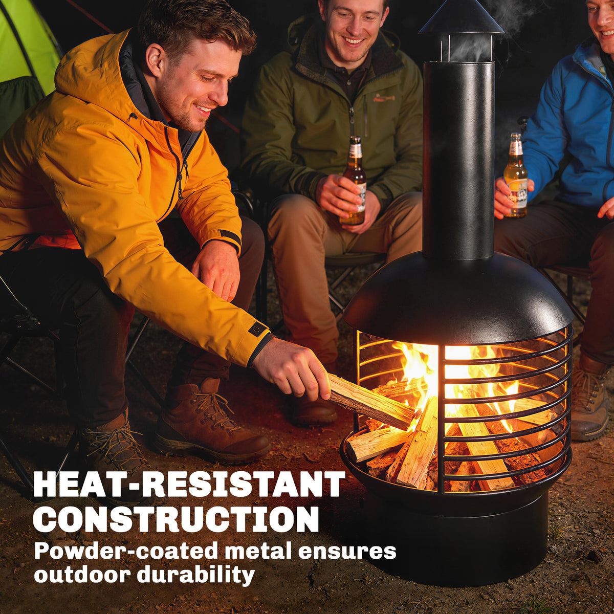 Three people around a fire pit with text about heat-resistant construction.