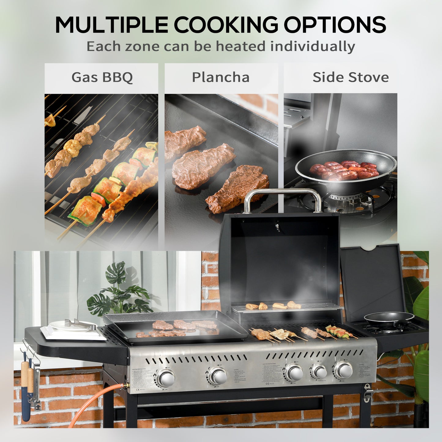 Outsunny 12kW Deluxe Duo Gas BBQ, with Grill, Plancha and Side Burner - Black