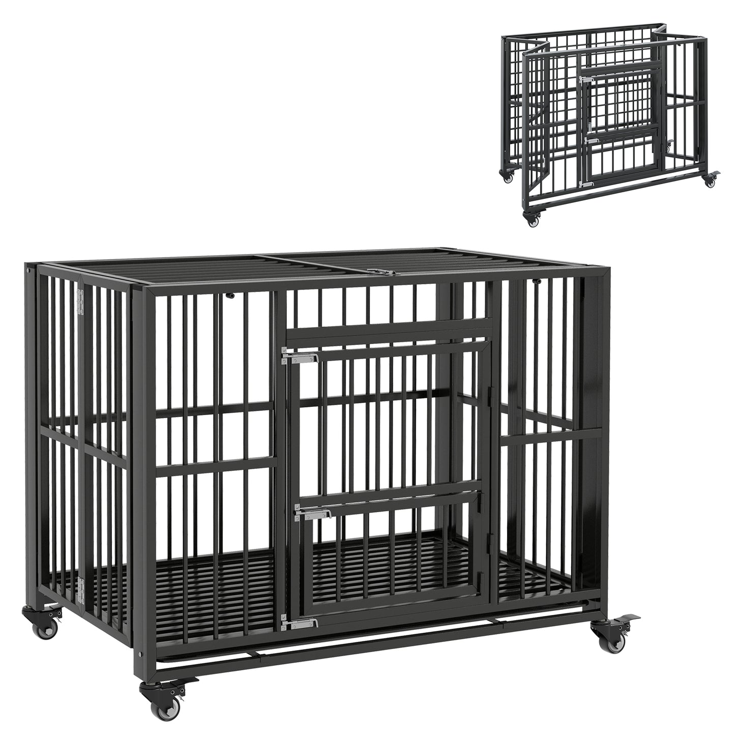 Photo of PawHut 43" Heavy Duty Dog Crate, Foldable Dog Cage, with Openable Top, Locks, Removable Tray, Wheels - Black in Black colour on a white background